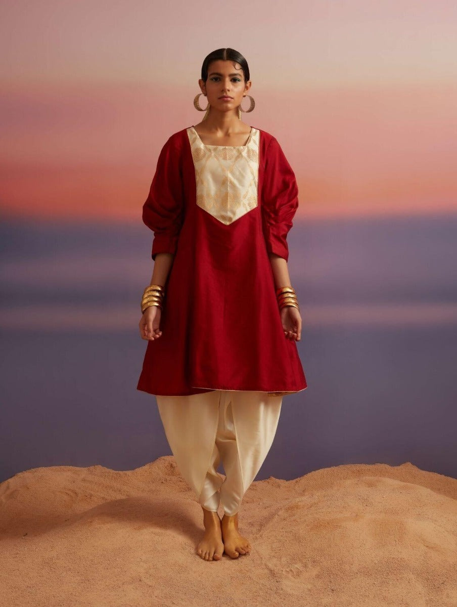 Coral Red Banarasi Short Flared Kurta