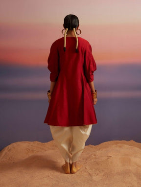 Coral Red Banarasi Short Flared Kurta