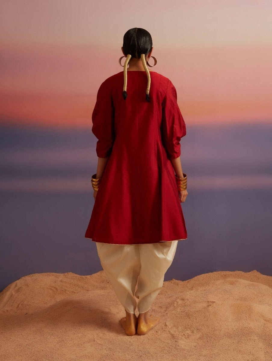 Coral Red Banarasi Short Flared Kurta
