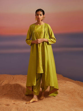 Macaw Green Banarasi Kurta With Jacket and Tulip Dhoti