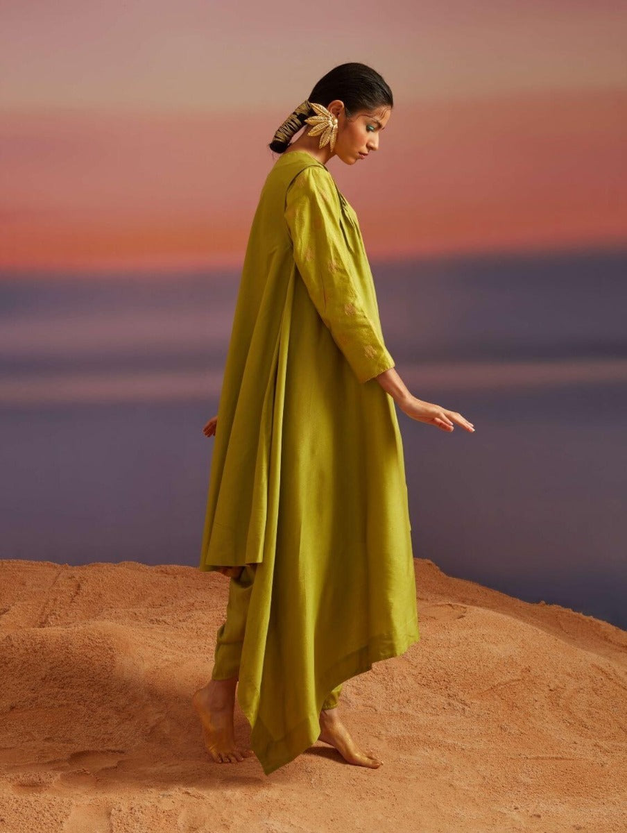 Macaw Green Banarasi Kurta With Jacket and Tulip Dhoti