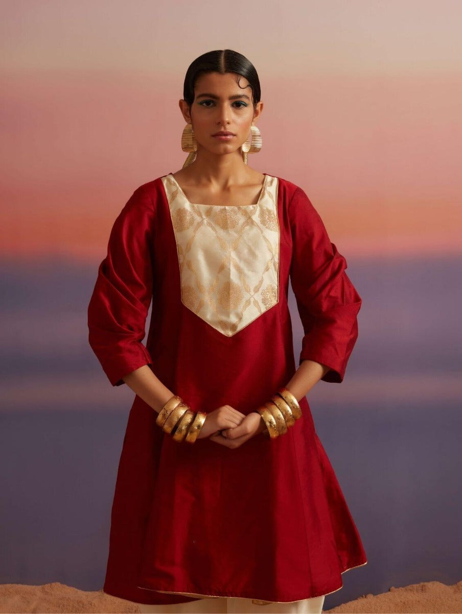 Coral Red Banarasi Short Flared Kurta