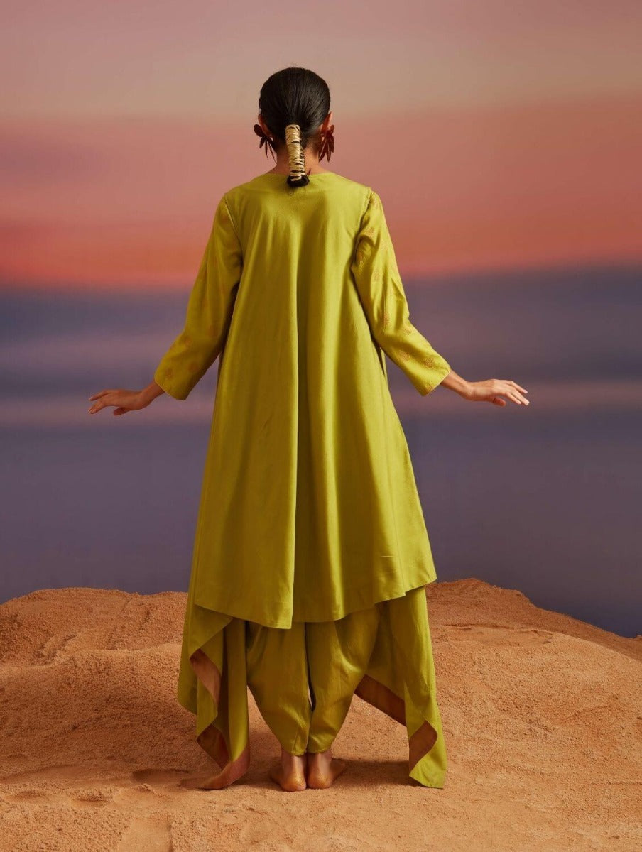 Macaw Green Banarasi Kurta With Jacket and Tulip Dhoti