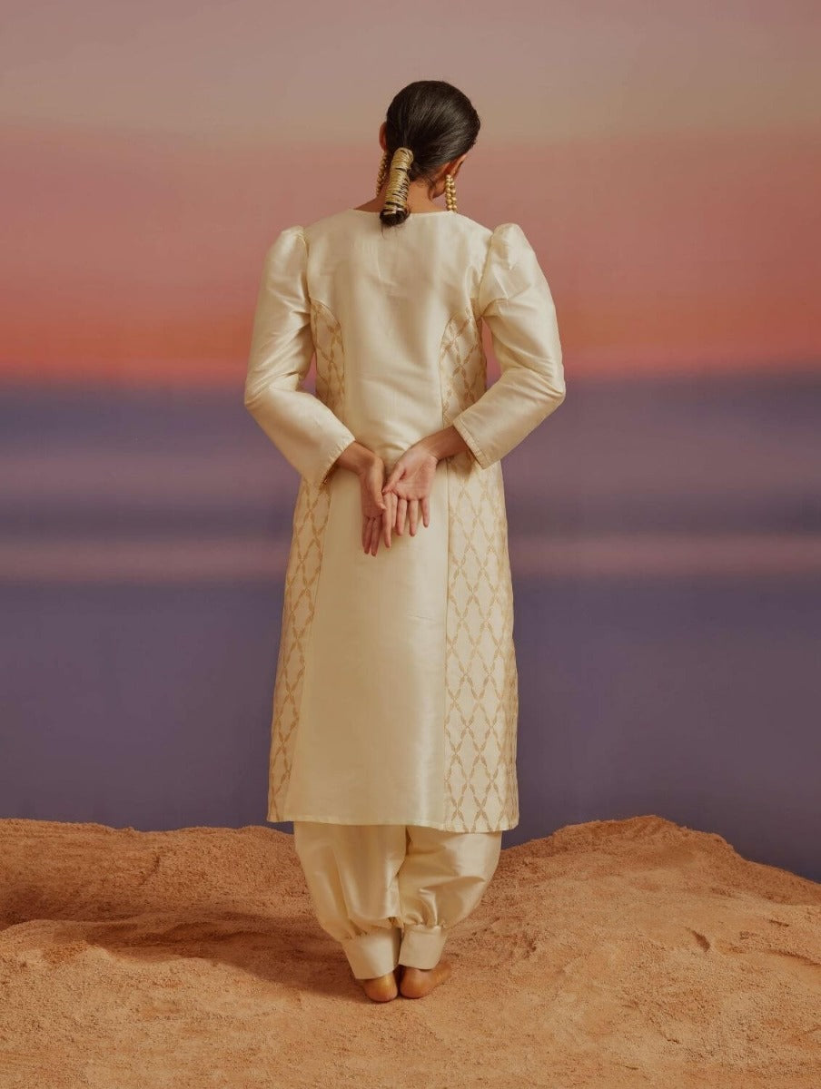 Cloud Cream Flared Banarasi Kurta With Afghani Pants