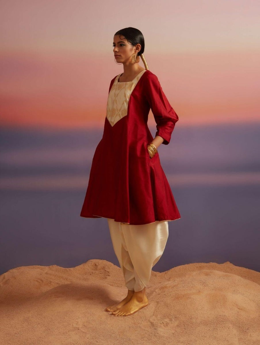 Coral Red Banarasi Short Flared Kurta