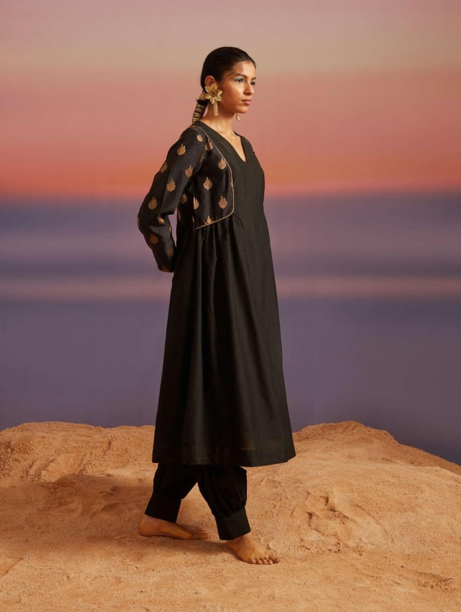 Coral Black Banarasi Kurta With Afghani Pants