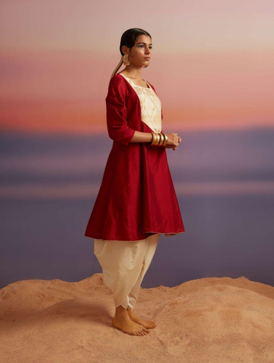 Coral Red Banarasi Short Flared Kurta