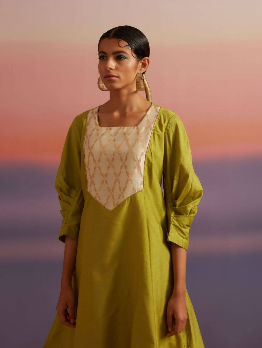 Macaw Green Banarasi Short Flared Kurta