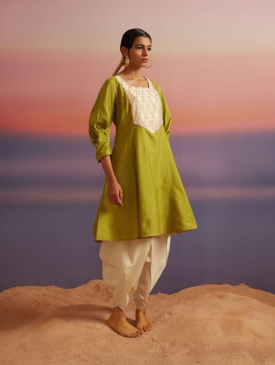 Macaw Green Banarasi Short Flared Kurta