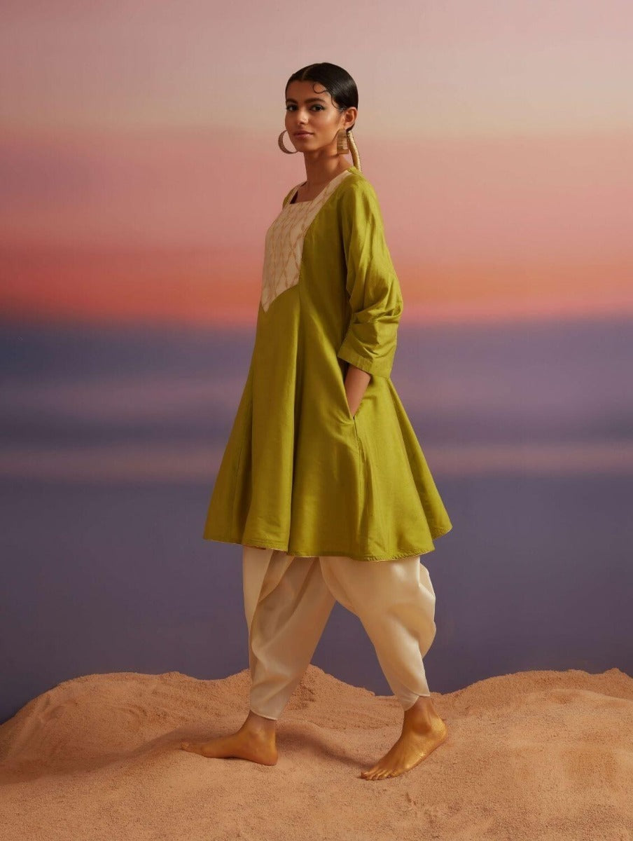 Macaw Green Banarasi Short Flared Kurta