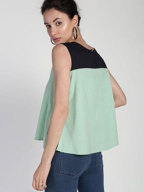 Color blocked Cotton Linen boxy Pleated top