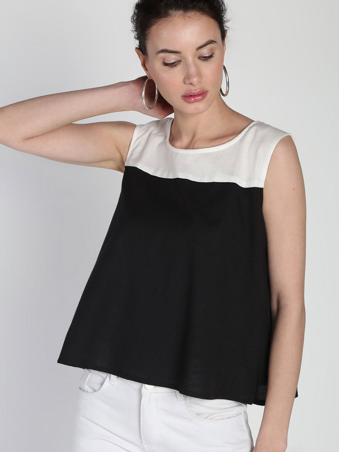 Color blocked Cotton Linen boxy Pleated top