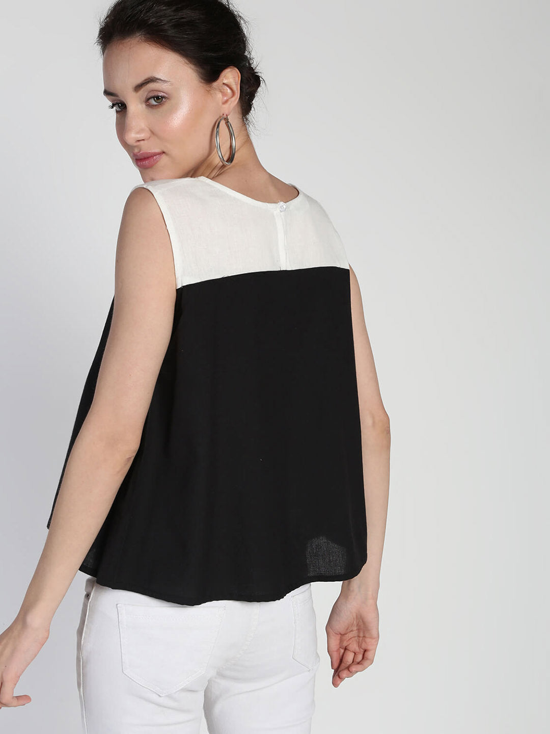 Color blocked Cotton Linen boxy Pleated top