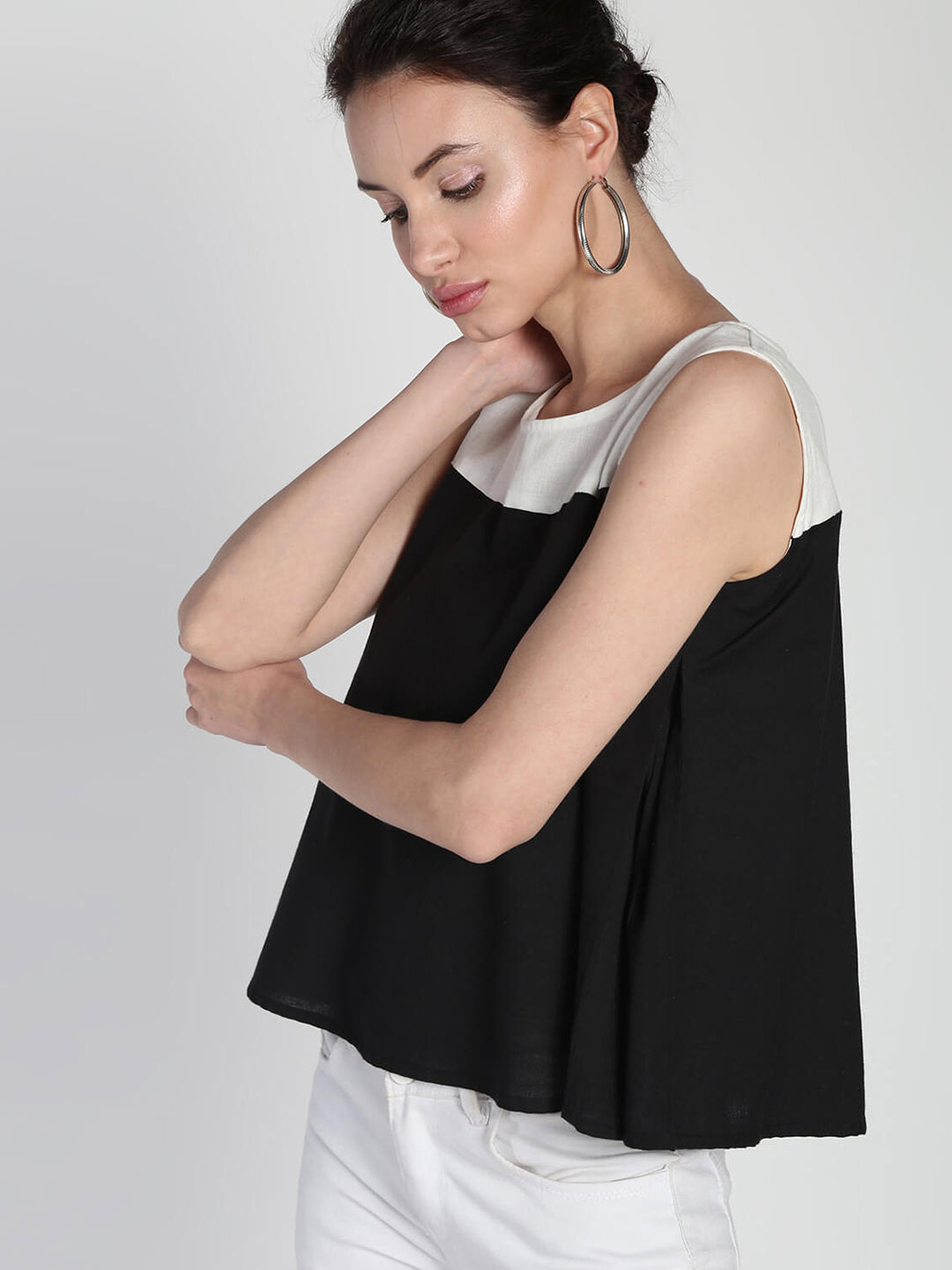 Color blocked Cotton Linen boxy Pleated top
