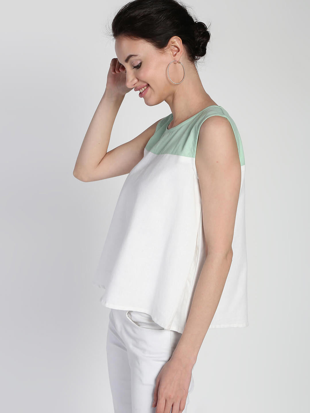 Color blocked Cotton Linen boxy Pleated top