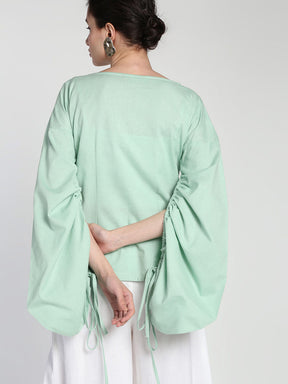Tie up bouffant sleeves Cotton linen solid top