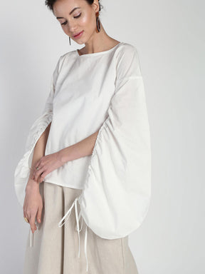 Tie up bouffant sleeves Cotton linen solid top