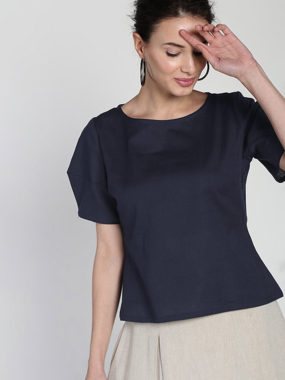 Geometric structured comfort cotton linen top