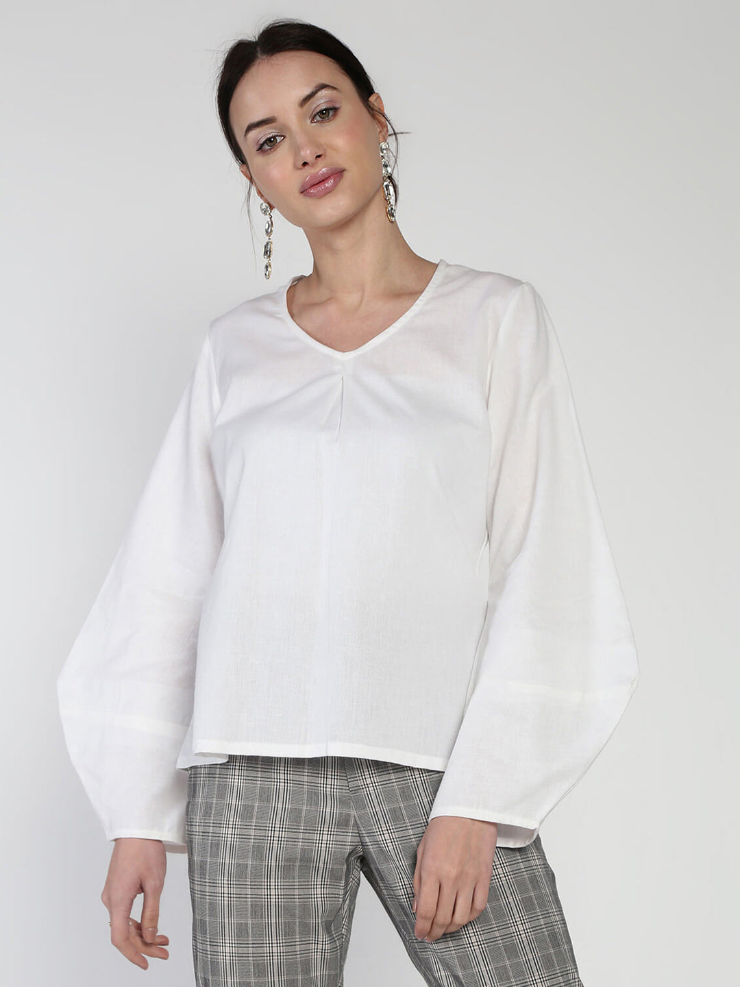 Inverted pleat solid Lantern sleeved cotton linen top