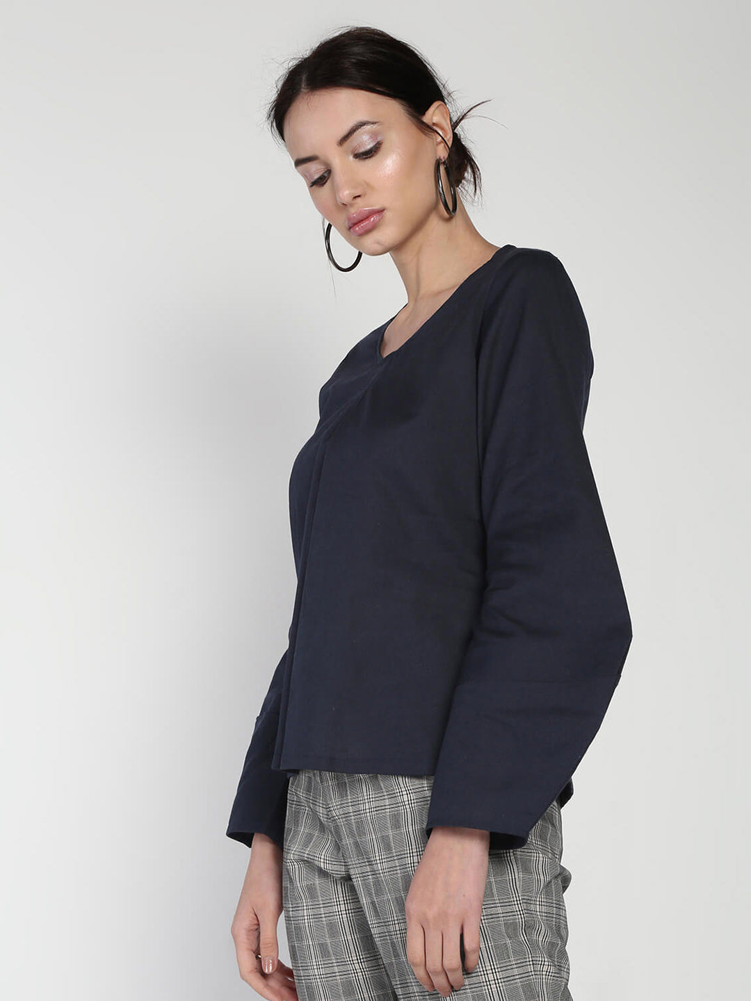Inverted pleat solid Lantern sleeved cotton linen top