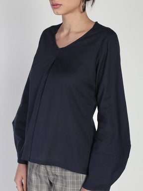 Inverted pleat solid Lantern sleeved cotton linen top