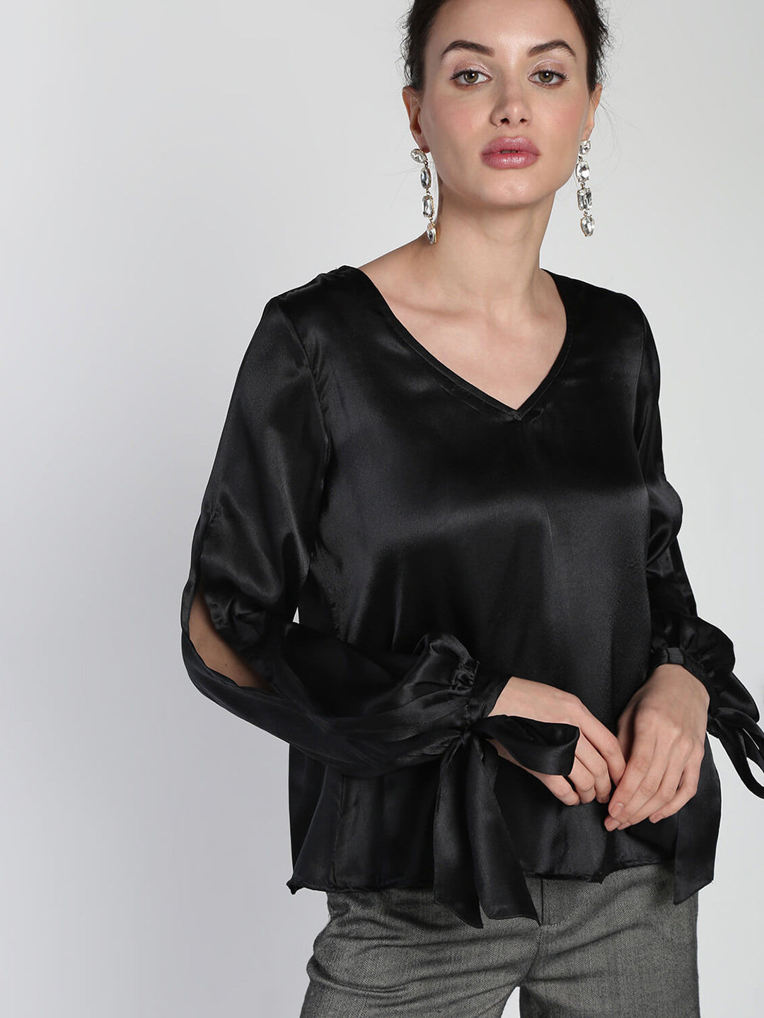 Tie-up slit sleeves satin top