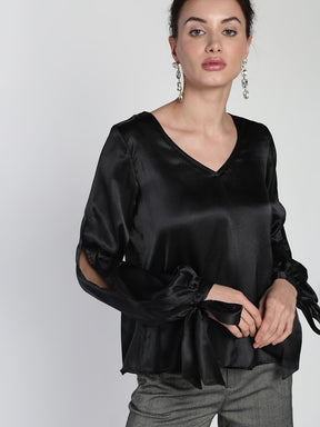 Tie-up slit sleeves satin top