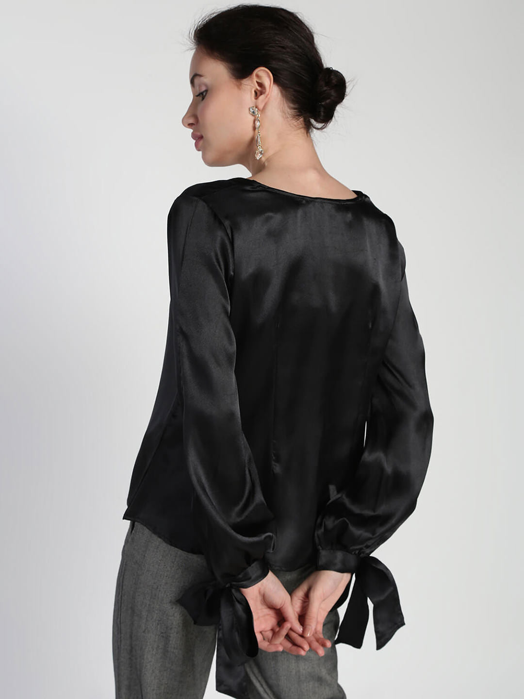 Tie-up slit sleeves satin top