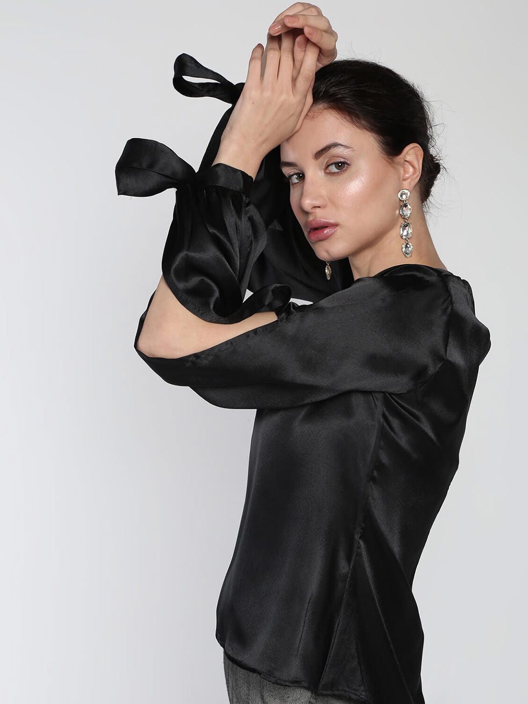 Tie-up slit sleeves satin top