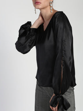 Tie-up slit sleeves satin top