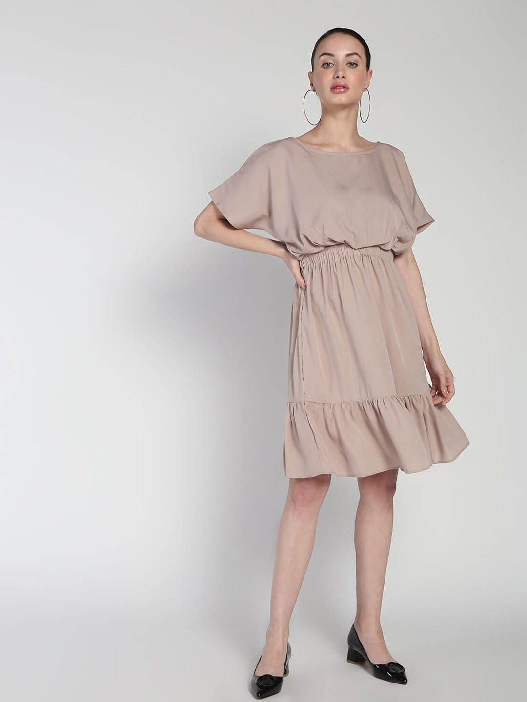 Elasticated waist comfort crepe tiered hem dress