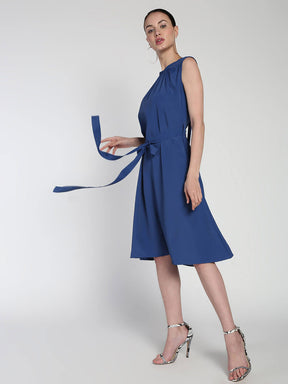 Belted Polycrepe dress with Neck detail
