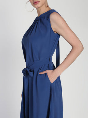 Belted Polycrepe dress with Neck detail