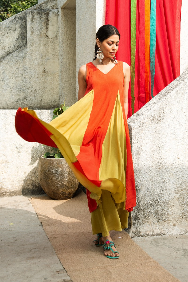 Rust Orange Flared Kurta with Godet Panels and Palazzo