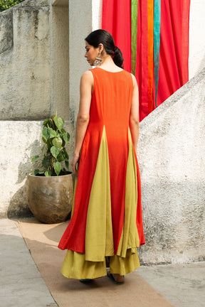 Rust Orange Flared Kurta with Godet Panels and Palazzo