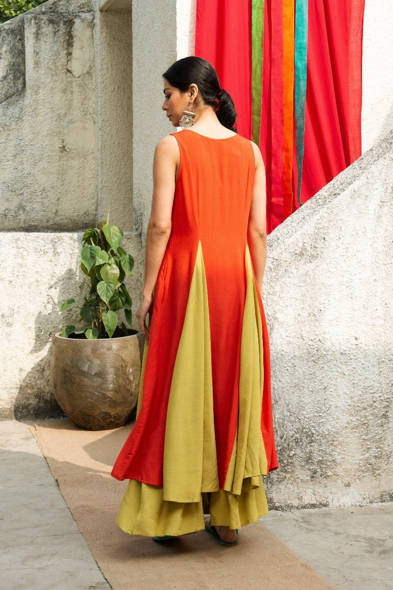 Rust Orange Flared Kurta with Godet Panels and Palazzo