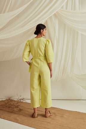 Overlapped neckline lantern sleeves belted jumpsuit -Lemon