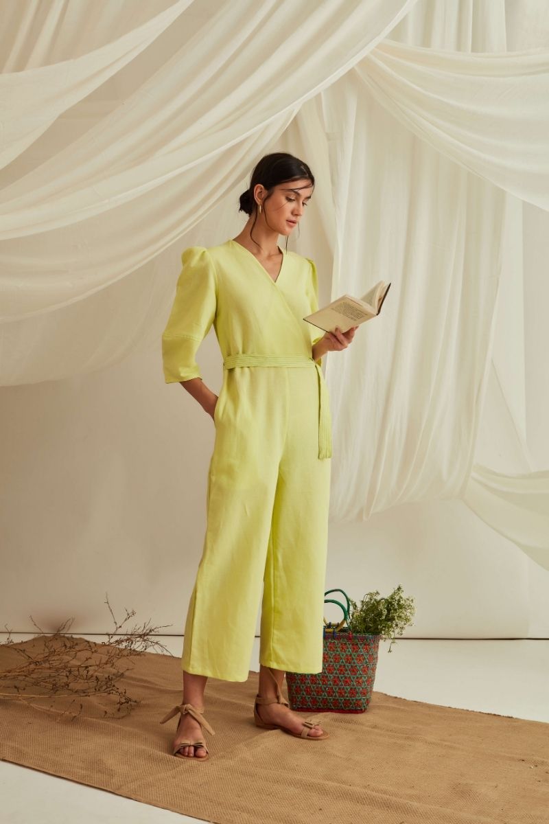 Overlapped neckline lantern sleeves belted jumpsuit -Lemon