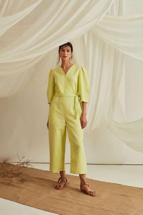 Overlapped neckline lantern sleeves belted jumpsuit -Lemon