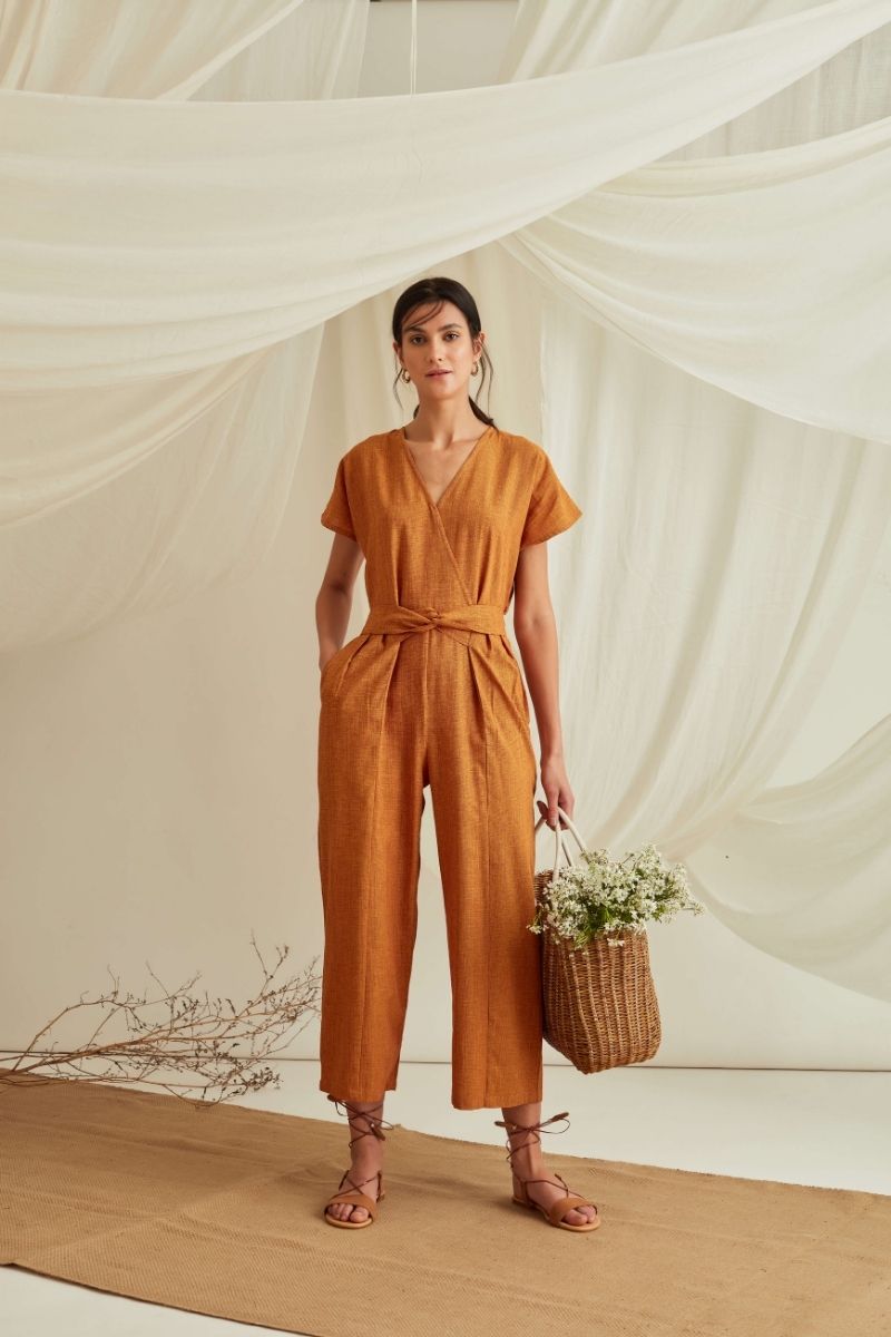 Overlapped neckline belted jumpsuit-Mustard