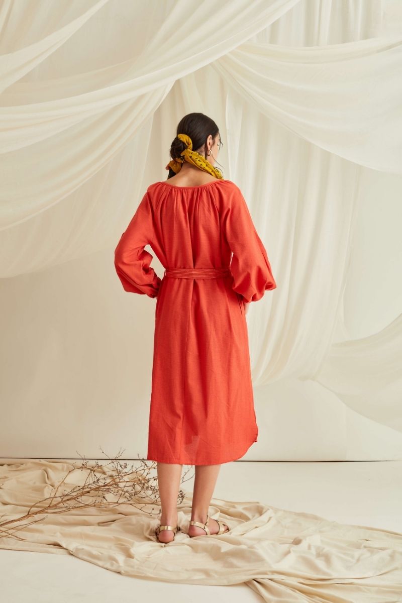 Gathered raglan sleeves midi dress with belt-Orange Rust