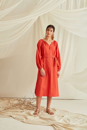 Gathered raglan sleeves midi dress with belt-Orange Rust