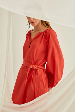 Gathered raglan sleeves midi dress with belt-Orange Rust