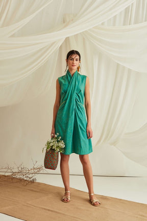 Cross draped neck mini dress-Persian Green