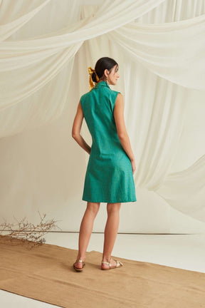 Cross draped neck mini dress-Persian Green