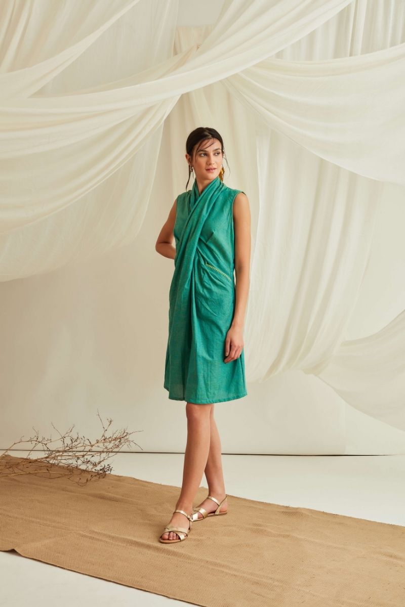 Cross draped neck mini dress-Persian Green