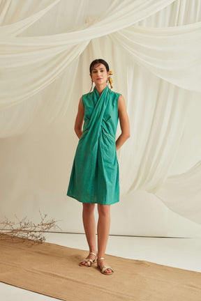 Cross draped neck mini dress-Persian Green