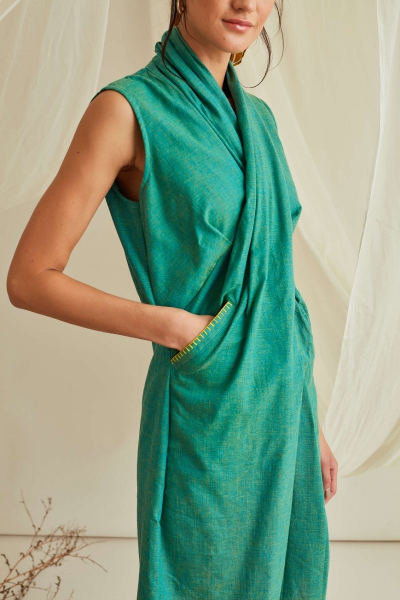 Cross draped neck mini dress-Persian Green