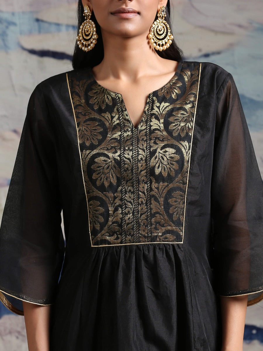 Chandheri panelled kurta with zari baswada yoke and straight pants Black