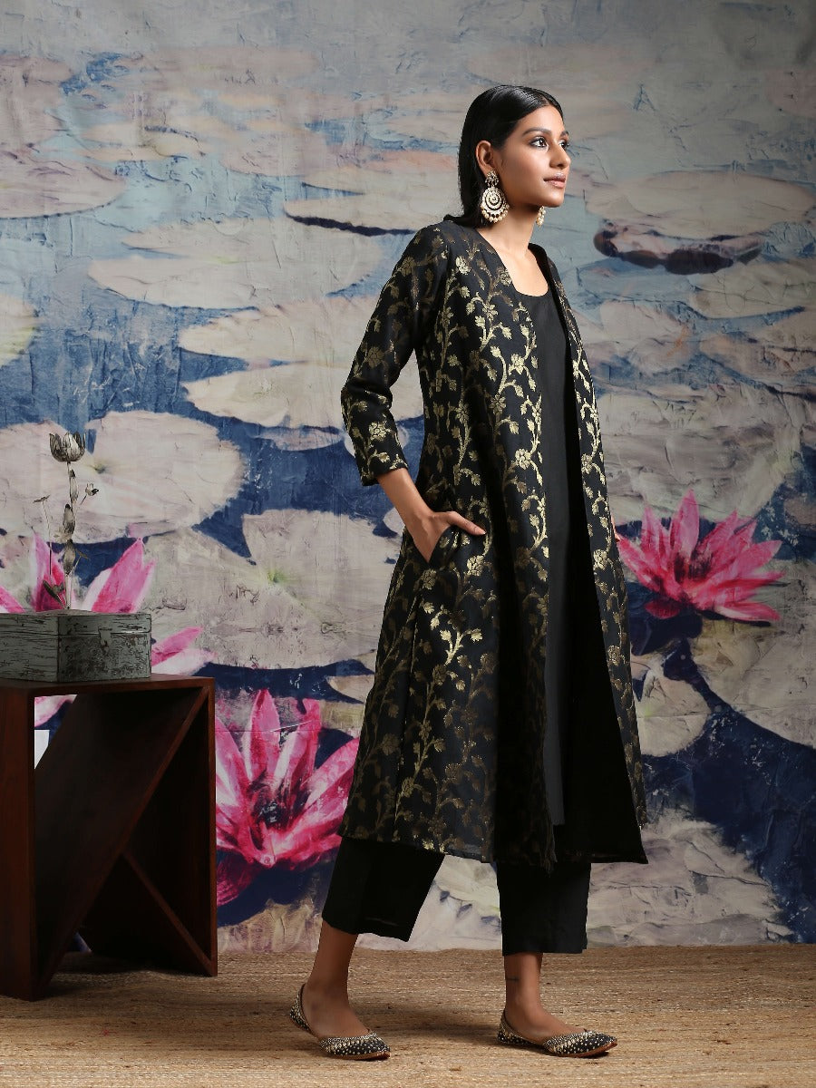 Black Banarasi Long jacket & kurta with straight Pant